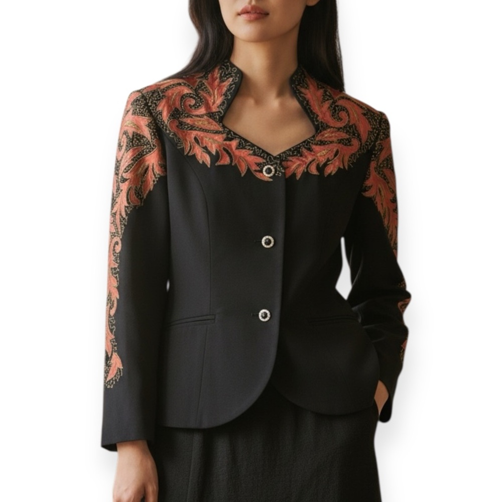 Vintage Women's Black Blazer with Orange Embroidery